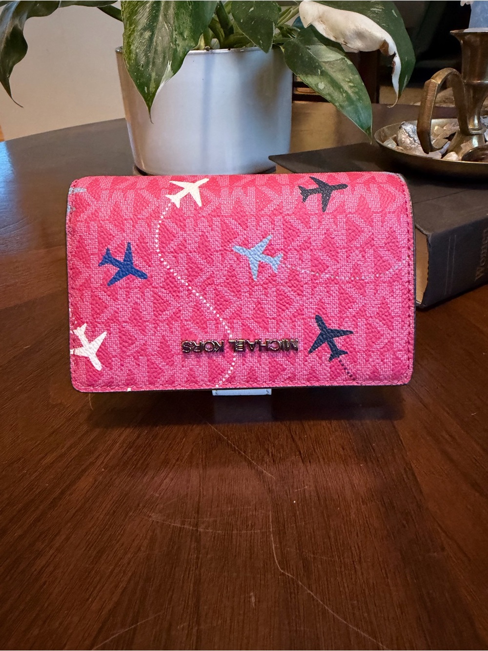 Michael Kors Pink Logo Print Card Holder with Airplane Motif